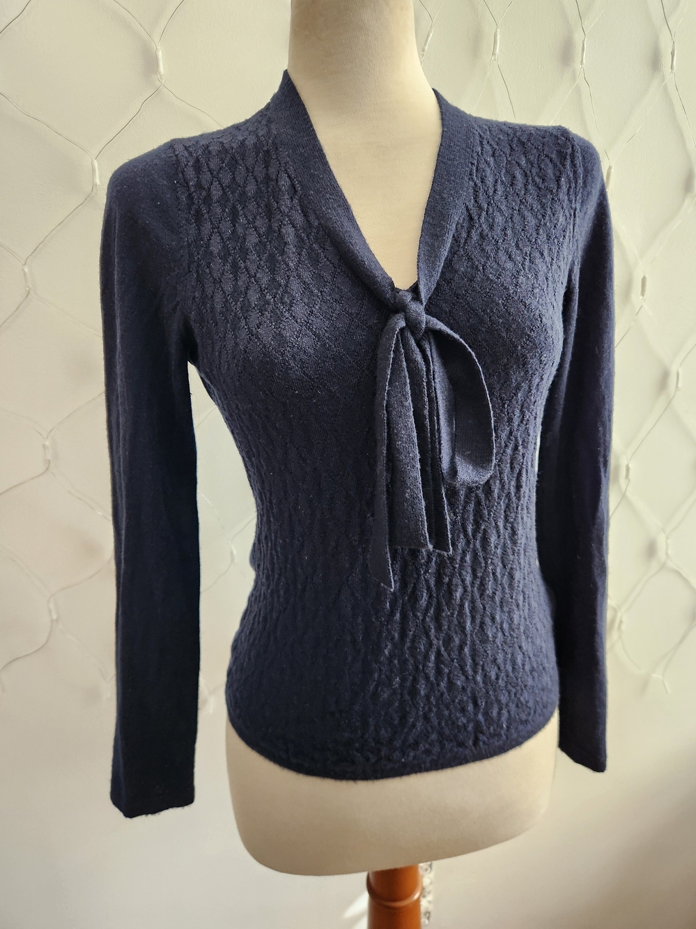 Brooks Brothers Navy Blue Tie-Neck Textured Sweater • Tagged Med (Fits Small)